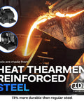 Molten steel being poured and tools made from heat-treated steel, highlighting durability and strength.