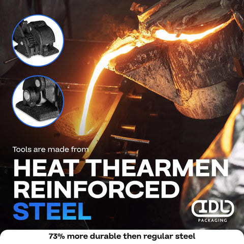 Molten steel being poured and tools made from heat-treated steel, highlighting durability and strength.