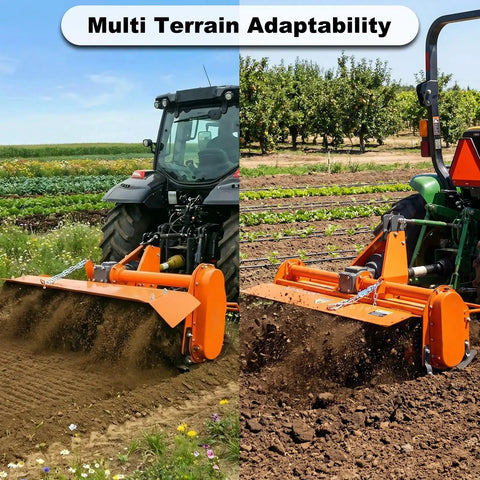 Beastly Three Point Rotary Tiller for Class 1 Tractors, 3.8 Foot Wide, 540 RPM PTO in field demonstrating soil preparation