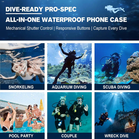 Image showcasing Dive Ready Waterproof Phone Case for iPhone 17 16 15 14 series; snorkeling, scuba diving, pool party, and shipwreck diving scenes.