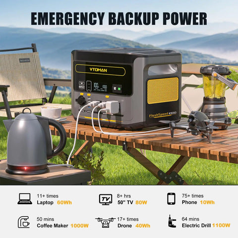 FlashSpeed 1000 Portable Solar Generator 828Wh LiFePO4 With Jumper Cables on outdoor table next to camping gear