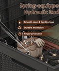 Heavy Duty 160 Gallon Deck Box Crafted From Weatherproof Resin With Secure Locking Lid showcasing spring-equipped hydraulic rod for smooth opening.