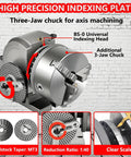 Heavy Duty 3 Jaw Dividing Head Combined With 6 Inch Rotary Indexer featuring precision 3-jaw chuck for CNC milling.
