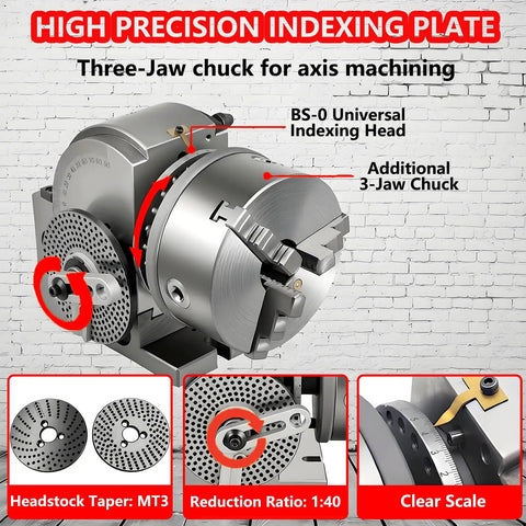 Heavy Duty 3 Jaw Dividing Head Combined With 6 Inch Rotary Indexer featuring precision 3-jaw chuck for CNC milling.
