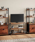 4 Tier Bookshelf With Fabric Drawer And Industrial Wood And Metal Storage Shelf Space Saver For Small Rooms In Bedroom Or Living Room Narrow Tall Display Stand In Brown beside TV stand, showcasing books and decor.