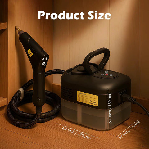 Powerful 1500W Portable Steam Cleaner With 1.2L Tank, spray gun, and touch panel, shown with dimensions 6.7x5.5x11 inches
