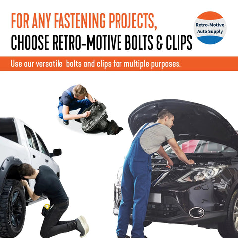 Top Shelf Black M6 Hex Head Exterior Body Bolts and Direct Swap Replacement Clips Kit for Daily Drivers and Pickup Trucks With Slick Matte Coating and No Sweat Oem Spec Mounting used in various automotive fastening projects.
