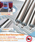 Close-up of set of 5 heavy duty conveyor rollers for industrial gravity systems, stainless steel, dia 50mm, customizable size.