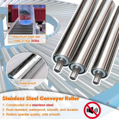 Close-up of set of 5 heavy duty conveyor rollers for industrial gravity systems, stainless steel, dia 50mm, customizable size.
