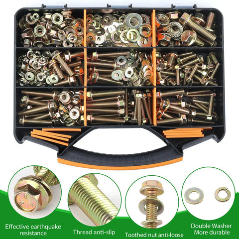 568 Piece SAE Bolt and Nut Assortment Kit 1/4 5/16 3/8 1/2 Inch Heavy Hitter Garage Fix Pack with assorted flanged hex bolts and washers