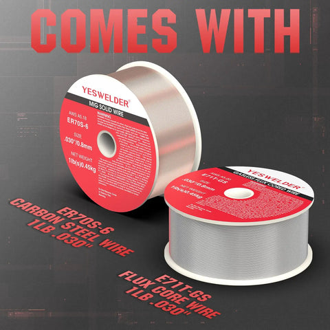 YESWELDER MIG solid wire spools, E71T-GS flux core and ER70S-6 carbon steel, 1lb each, .030" size for welding.