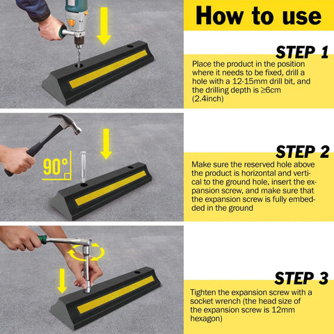 Installation steps for 2 Pack Garage Parking Stopper For Garage And Driveway, 16.9 Inch Wheel Stop Bumper With Reflective Yellow Strip.