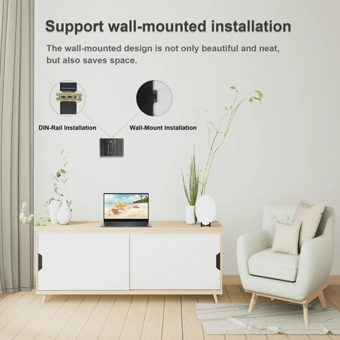 Room setup showing DIN rail and wall mount options for Beefy Industrial Five Port Gigabit Ethernet Switch Unmanaged For Harsh Environments.