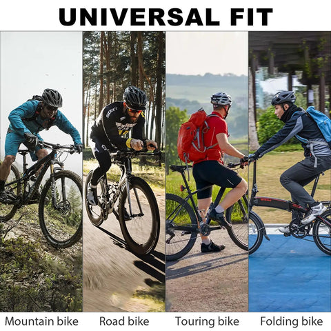Cyclists on mountain, road, touring, and folding bikes demonstrating versatility of Rear Derailleur TY21B 6/7 Speed Hanger Mount.