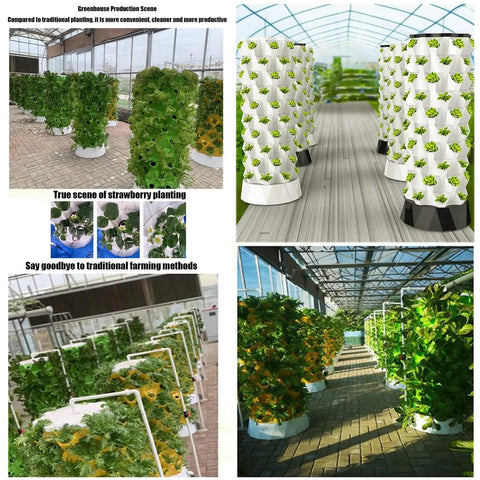 Vertical Hydroponics Tower Kit For Indoor And Outdoor Gardens, Space Saving Home Farm System with growing plants in greenhouse