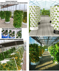 Six Story Indoor And Outdoor Hydroponics Tower Set A User Friendly Vertical Garden Kit For Home And Garden Grow Lettuce Tomatoes Strawberries And More With No Soil In A Sleek White Tower shown in greenhouses with plants.