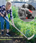 Woman using Long Handle Sickle Weeding Garden Tool For Grass Cutting And Vine Removal Heavy Duty Billhook Style Cutter For Yard Work Fields Lawn And Ditches Anti Rust Stainless Blade Safe Storage Easy Harvest Prep on plants