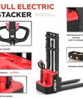 Image of Heavy Duty Electric Pallet Stacker Raising 3300 Lbs To A Cool 98 Inch Lift Height with smart handle and built-in charger.