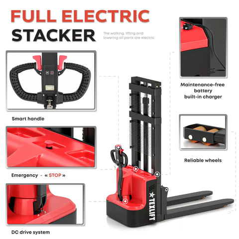 Image of Heavy Duty Electric Pallet Stacker Raising 3300 Lbs To A Cool 98 Inch Lift Height with smart handle and built-in charger.