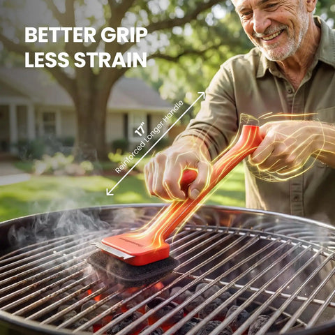 Man using Bristle Free BBQ Grill Brush With 17 Inch Cool Touch Handle Steam Cleaner No Wire Bristle Scraper to clean grill