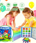 Children using Magnetic Fraction Tiles And Circles Set For Hands On Math Fun with colorful tiles on whiteboard-ready book.