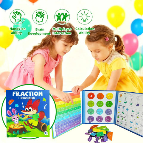 Children using Magnetic Fraction Tiles And Circles Set For Hands On Math Fun with colorful tiles on whiteboard-ready book.