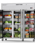 No Hassle 72 Inch Three Door Commercial Refrigerator Stainless Steel Reach In Upright Fridge Loaded With Rapid Fan Cooling with shelves of fruits and veggies.