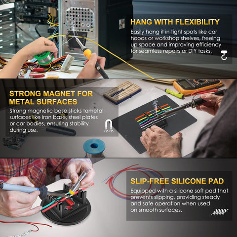 Image of Heavy-Duty Soldering Station with Magnetic Third-Hand Rig, showing use on metal surfaces, silicone pad, and hands-on soldering.