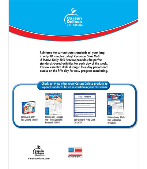 Back cover page of Common Core Math 4 Today 3rd Grade Workbook For Daily Practice In Class Or Homeschool with Carson Dellosa logo.