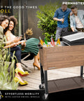 80-Quart Rolling Party Cooler with Divider, 36 Hour Chill, wood grain brown finish, holds up to 110 cans, backyard party setting