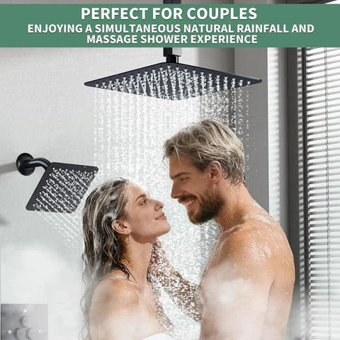 Legit Solid Three Way Matte Black Shower System With Ten Inch Ceiling Rain Head Six Inch Wall Sprayer And Extra Long Handheld Hose For Quick Rinsing And Serious Bathroom Glow Ups