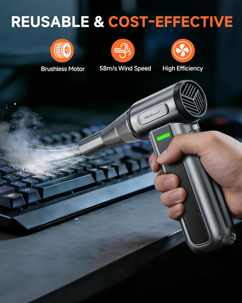 Ultra Powerful Electric Air Duster With LED Light, 180000 RPM Turbo Blower, Three Speed Control being used on keyboard
