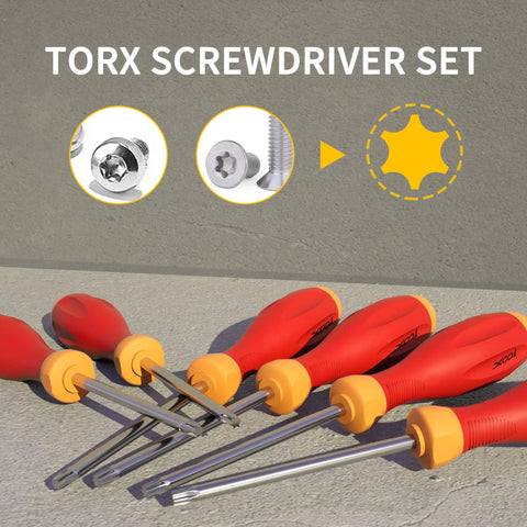 Torx Screwdriver Set 12 in 1 for DIY Tech and Auto Repairs includes T5 through T40 bits, ergonomic red handles, CRV steel