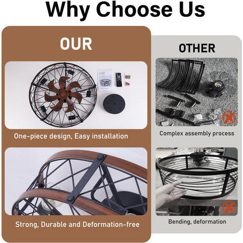 Comparison of bladeless flush mount ceiling fan with lights 20 inch cage style vs traditional fan showing easy installation and durability.