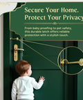 Durable Brass Storage Hook With Swivel Eye Latch For Cabinets And Doors installed on green door with child nearby