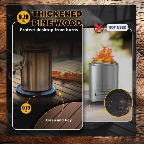 Two Pack 10.8 Inch Tabletop Fire Pit Mats Set For Solo Stove Mesa And Mesa XL Heat Resistant Pine Wood Mats For Outdoor Fire Pit Includes 50 Placemats In Black shown preventing burns on tabletop.