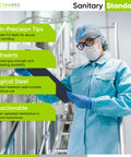 Healthcare worker in lab coat and mask holding a clipboard, standing in a sterile environment with surgical equipment descriptions.