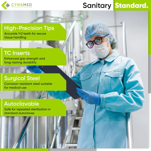 Healthcare worker in lab coat and mask holding a clipboard, standing in a sterile environment with surgical equipment descriptions.