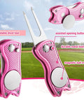 Pink Golf Gear Kit For Women 12 Piece Set With Golf Ball Bag Towel Tees Magnetic Ball Marker Divot Tool Cleaning Brush Carry Hook Gift Ready To Rule The Course shows a pink foldable divot tool with magnetic ball marker.