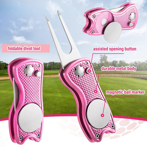 Pink Golf Gear Kit For Women 12 Piece Set With Golf Ball Bag Towel Tees Magnetic Ball Marker Divot Tool Cleaning Brush Carry Hook Gift Ready To Rule The Course shows a pink foldable divot tool with magnetic ball marker.