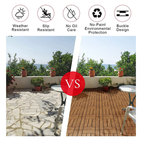 Interlocking Pine Deck Tiles 27 Pack 11.8 By 11.8 Inches Outdoor Patio Flooring Waterproof All Weather For Garden Poolside Front And Back Yard Natural Wood Checked Look Super Easy Setup comparison with existing patio flooring.