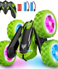 2.4GHz Off Road RC Car With Dual Sided 360 Degree Roll, Four Wheel Drive, High Speed Stunt Racer, LED Headlights, Green Color