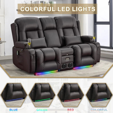 Power Loveseat Recliner With One Touch Control For Backrest And Footrest Massage And Heat Wall Hugger Console Sofa with LED