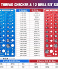 Front view of Kease thread gauge set with blue standard and red metric boards displaying 22 standard sizes and 22 metric sizes.