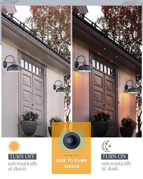 Blue Dusk To Dawn Outdoor Gooseneck Wall Lights 2 Pack With Hammered Metal Shade Weatherproof Barn Style Sconces For Porch And Yard Pathway Automatic Sensor No Manual On Off