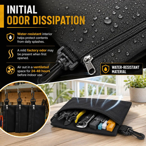 Three Pack Small Zipper Tool Pouches Built Tough With Waterproof 600D Oxford Fabric showing water resistance and interior tools