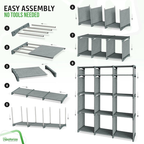 Assembly steps for Must Have 12 Cube Storage Organizer With Bins Included For Toy Organization Closet And Clothes All In One Grey Cube System 36 Inch High Cabinet With 9 Large Cubes And 3 Small Cubes Easy Assembly