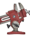 Beefy Two Axis Table Vise With 4.5 Inch Jaw Opening, Offset Arm, Vertical Mount, Heavy Duty Bench Vise Clamp for woodworkers and metal shops.