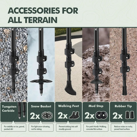 Accessories for Go To Nordic Walking Poles For Hiking And Trekking, including tungsten carbide, snow basket, walking feet.