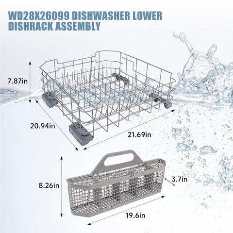 WD28X26099 dishwasher lower rack assembly, 21.69in x 20.94in x 7.87in wire rack and 19.6in basket